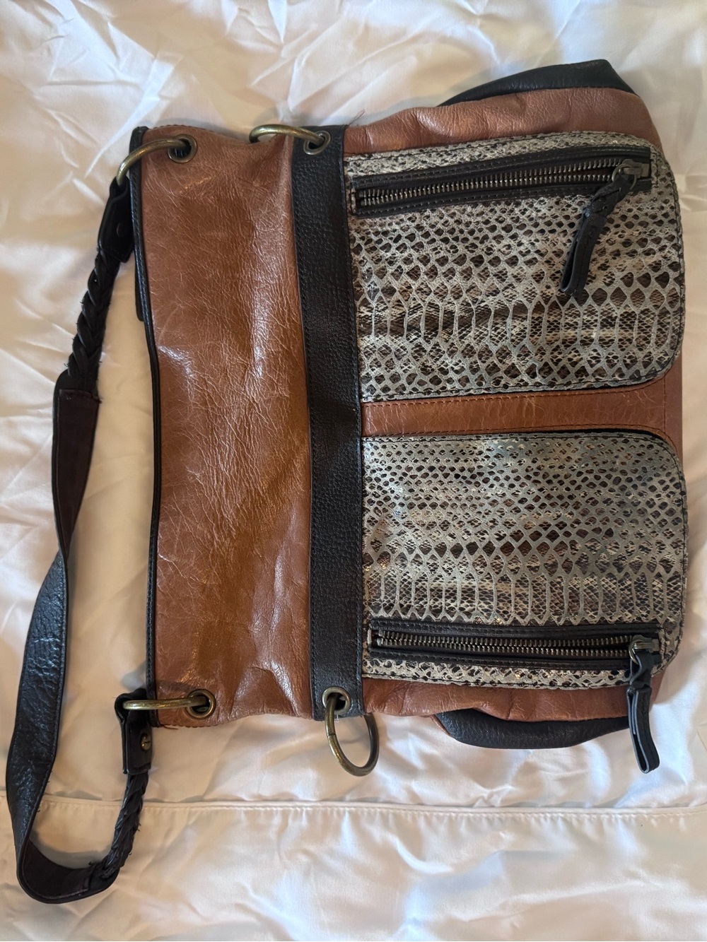 The Sak Brown & Black Messenger Bag with Snake-Print Panels